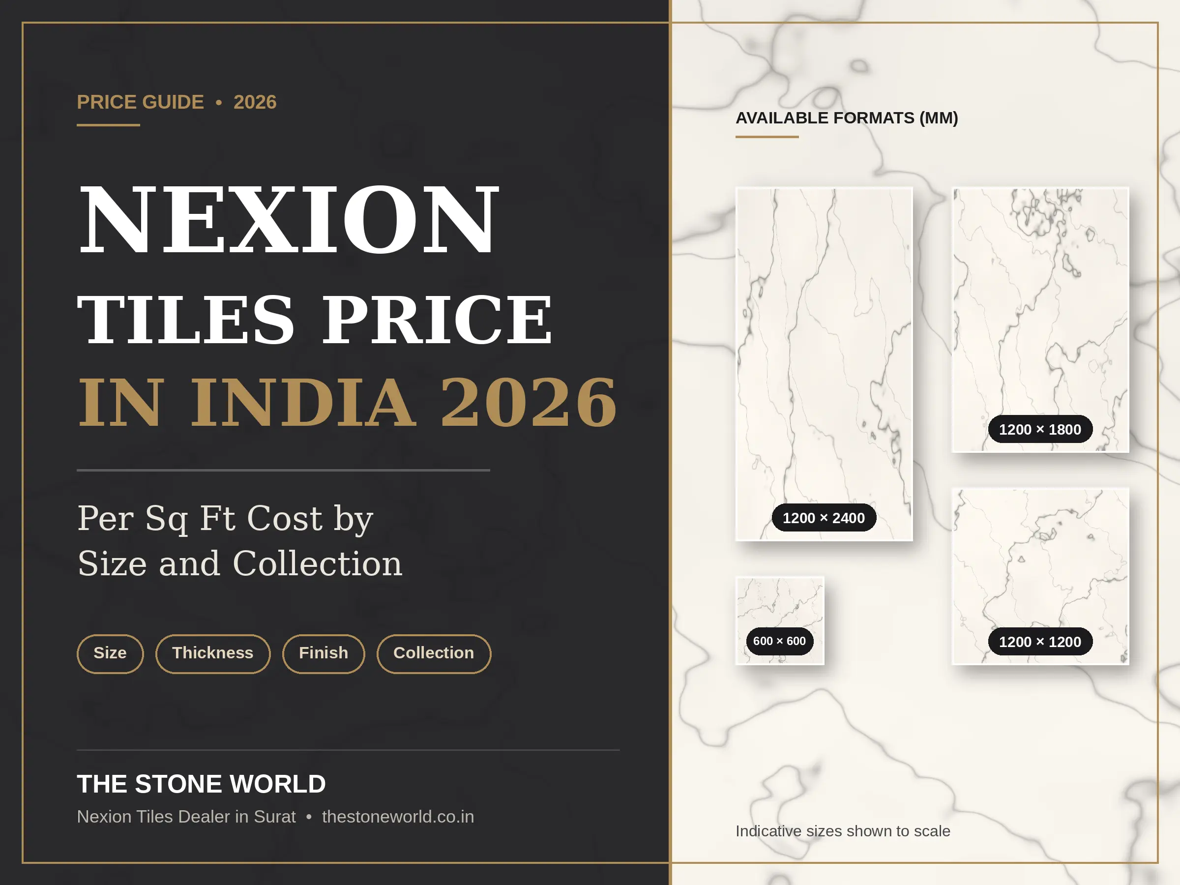 Nexion marble-look large format tiles in a modern living room, showing price per sq ft guide 2026